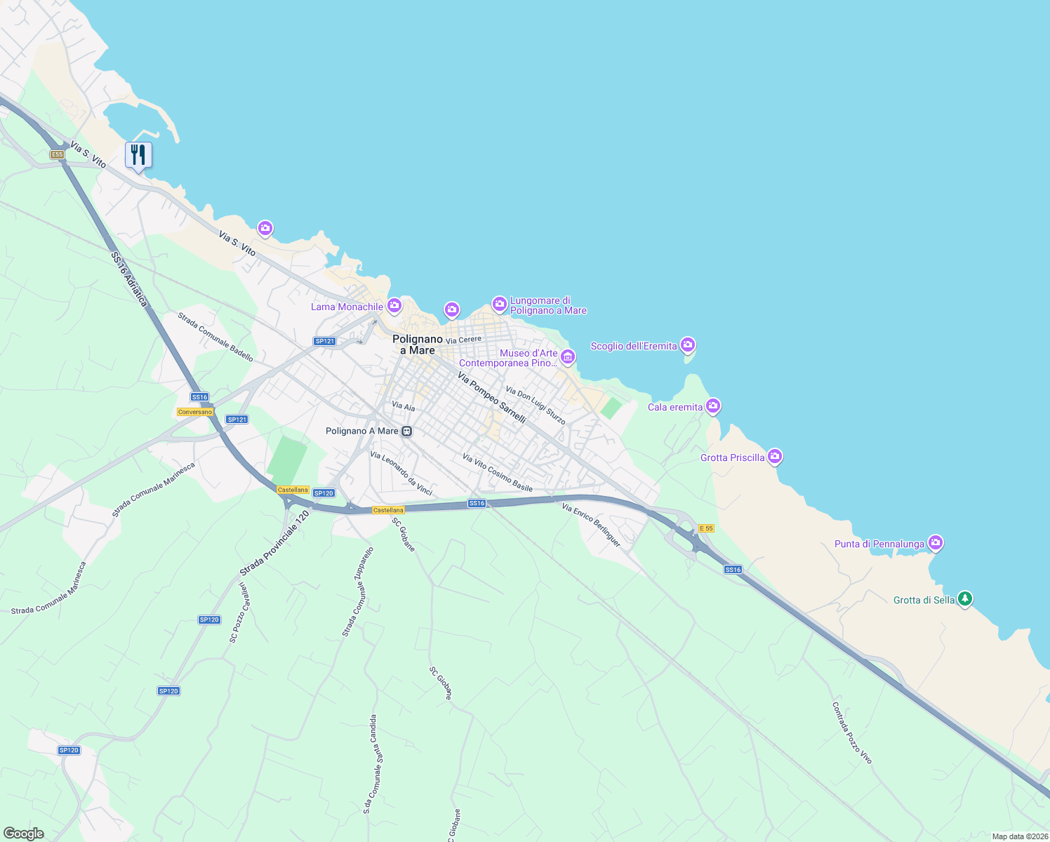 map of restaurants, bars, coffee shops, grocery stores, and more near 14 Via Vittorio Lenoci in Polignano A Mare