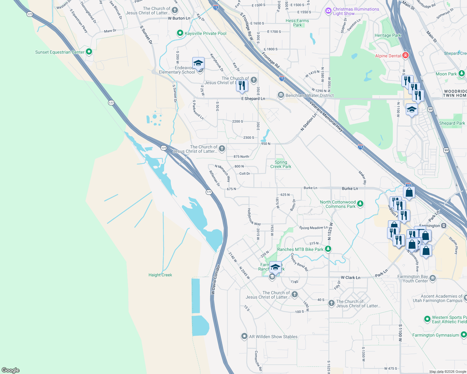 map of restaurants, bars, coffee shops, grocery stores, and more near 2172 Rifleman Drive in Farmington