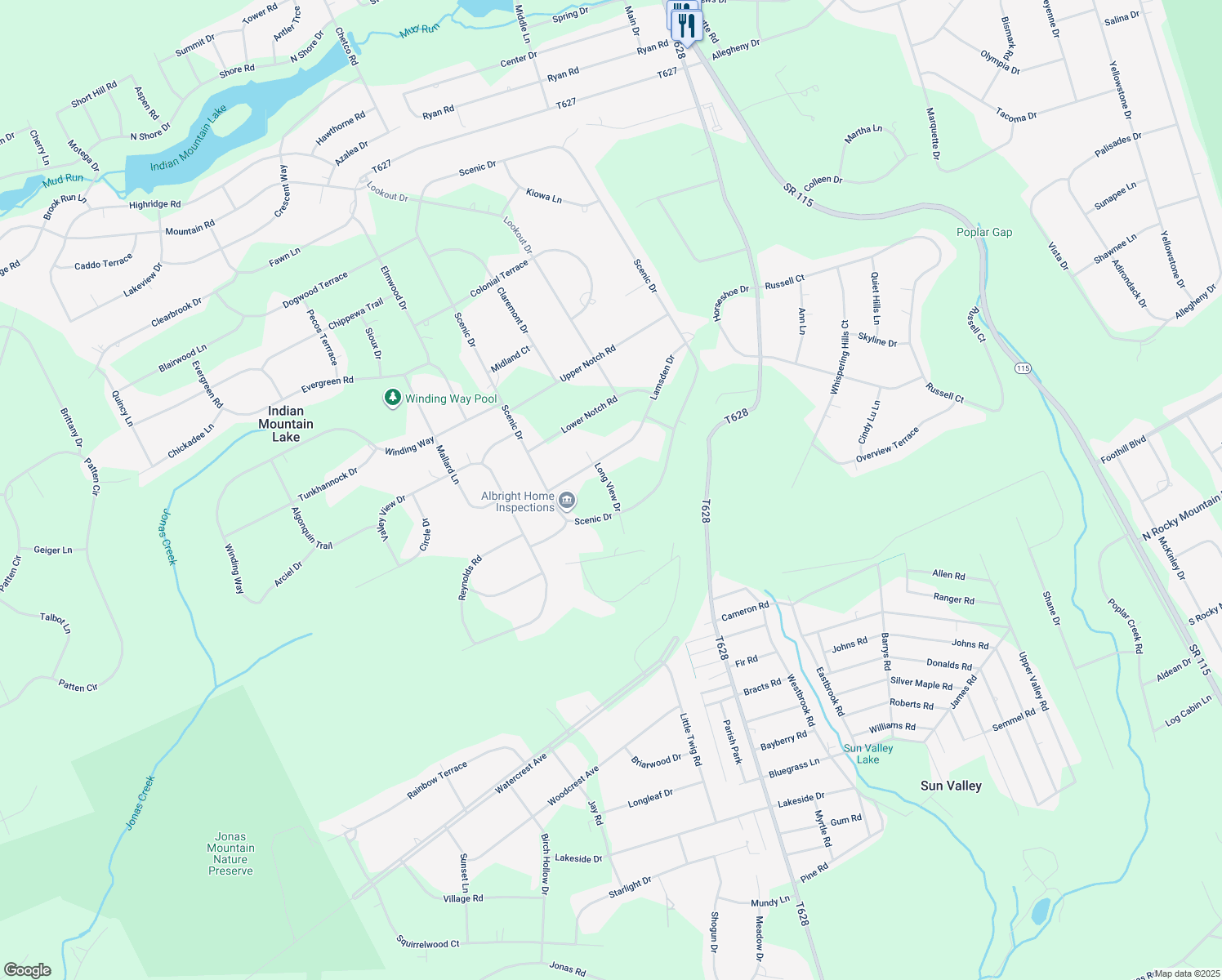 map of restaurants, bars, coffee shops, grocery stores, and more near Long View Drive in Albrightsville