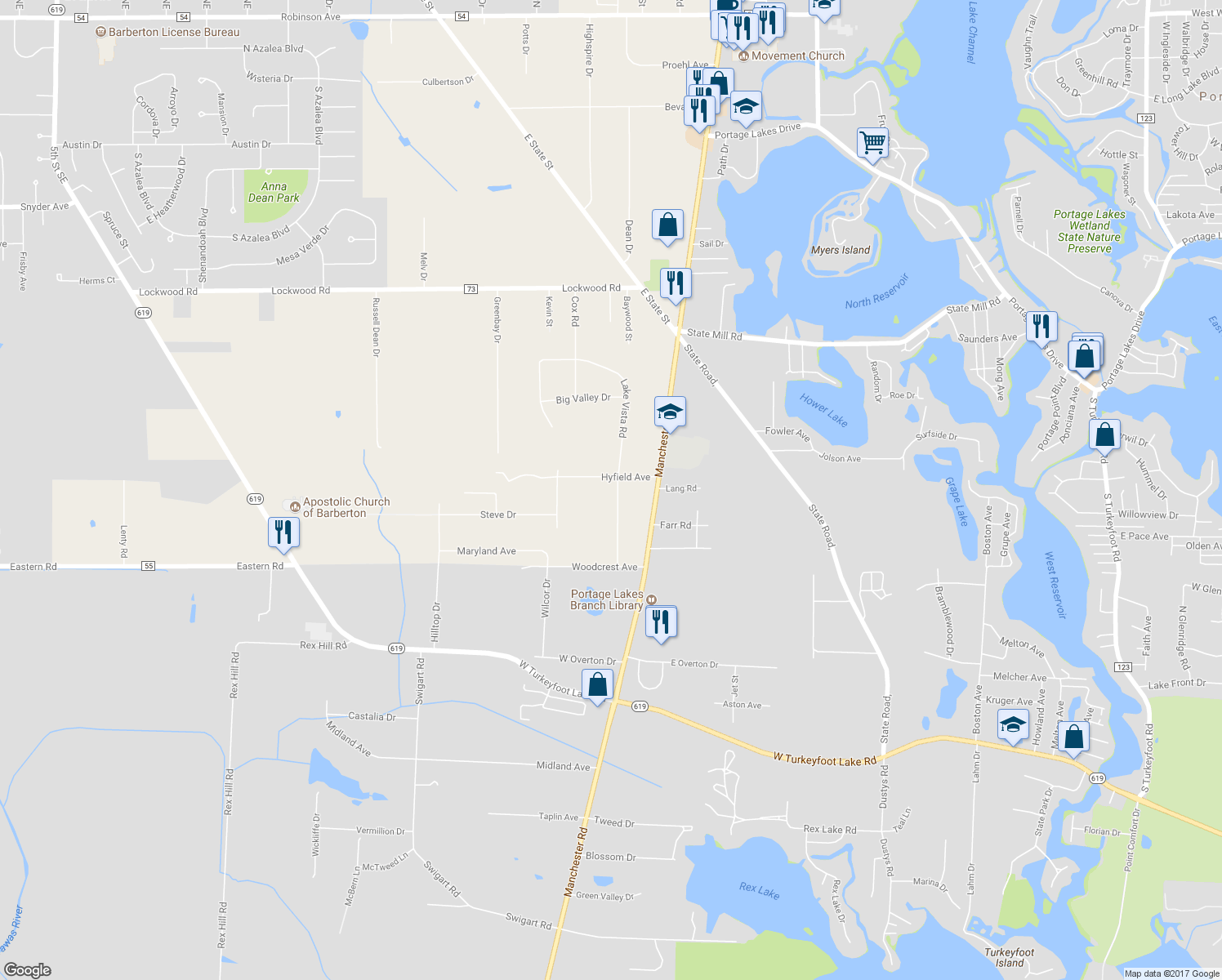 map of restaurants, bars, coffee shops, grocery stores, and more near 4096 Lake Vista Road in Akron