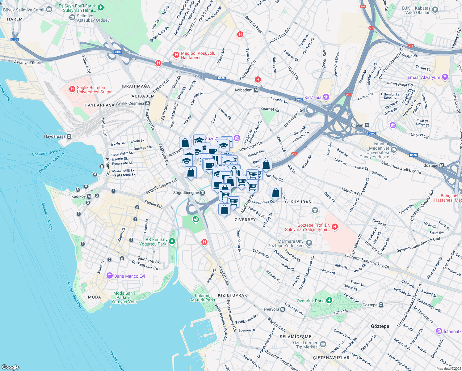 map of restaurants, bars, coffee shops, grocery stores, and more near 26 Poyraz Sokak in Kadıköy