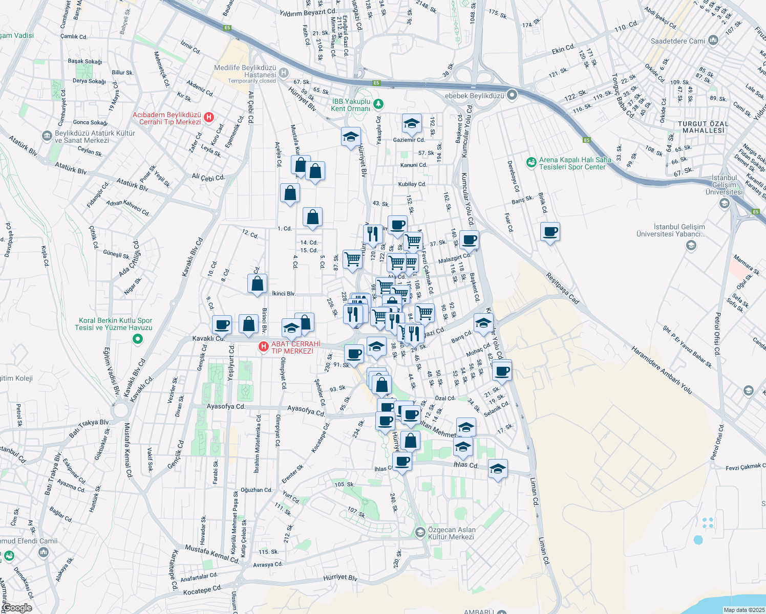 map of restaurants, bars, coffee shops, grocery stores, and more near 34 100. Sokak in Beylikdüzü