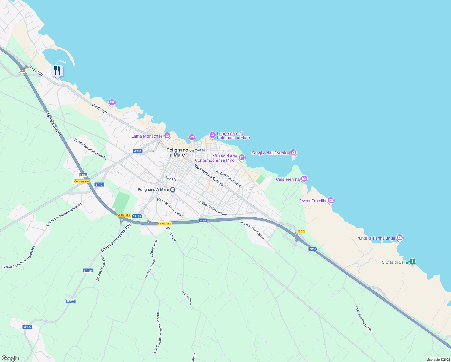 map of restaurants, bars, coffee shops, grocery stores, and more near 14 Via Vittorio Lenoci in Polignano a Mare