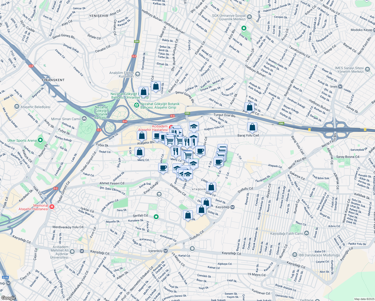 map of restaurants, bars, coffee shops, grocery stores, and more near 3 Ataşehir Bulvarı in Istanbul