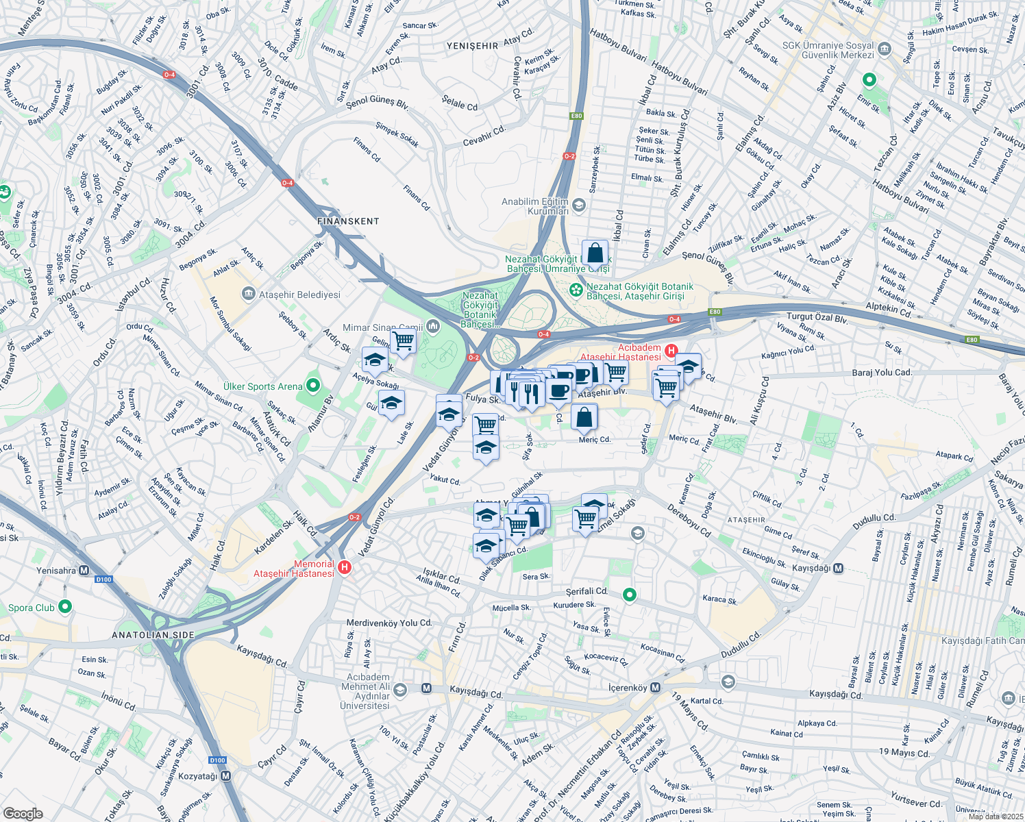 map of restaurants, bars, coffee shops, grocery stores, and more near 3 Sedef Caddesi in Ataşehir