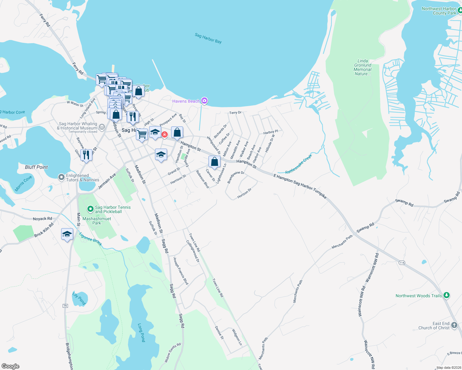map of restaurants, bars, coffee shops, grocery stores, and more near 69 Brandywine Dr in Sag Harbor