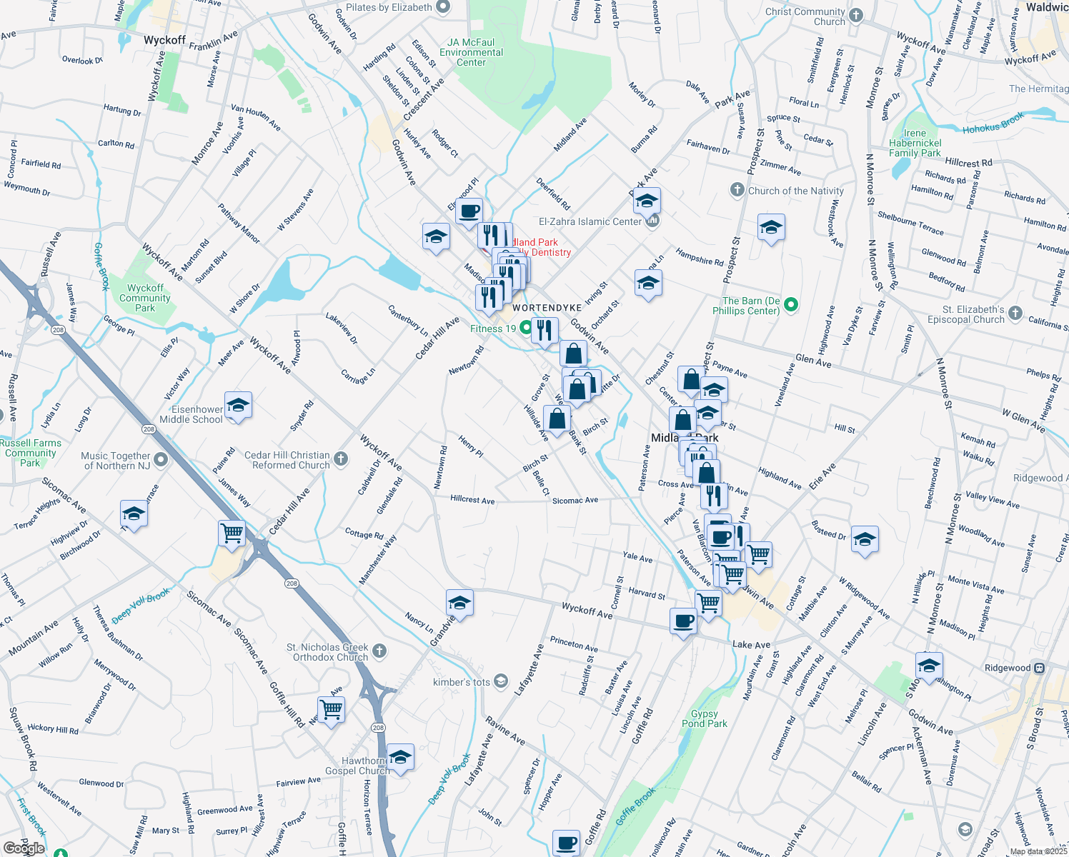 map of restaurants, bars, coffee shops, grocery stores, and more near 106 Hillside Ave in Midland Park