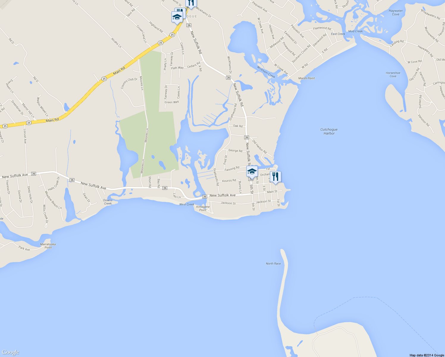 map of restaurants, bars, coffee shops, grocery stores, and more near 215 Kouros Road in New Suffolk