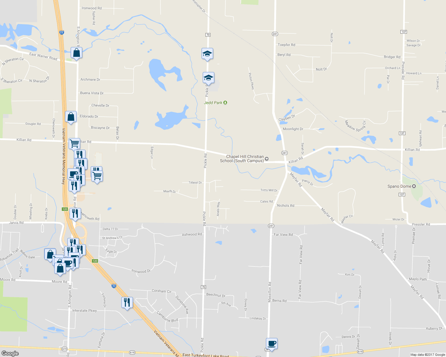 map of restaurants, bars, coffee shops, grocery stores, and more near 1481 Millstone Circle in Akron