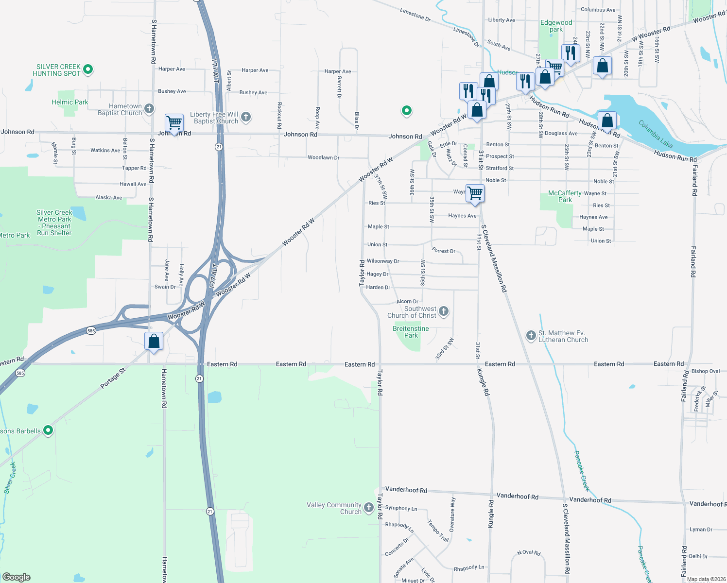 map of restaurants, bars, coffee shops, grocery stores, and more near 273 Taylor Road in Barberton