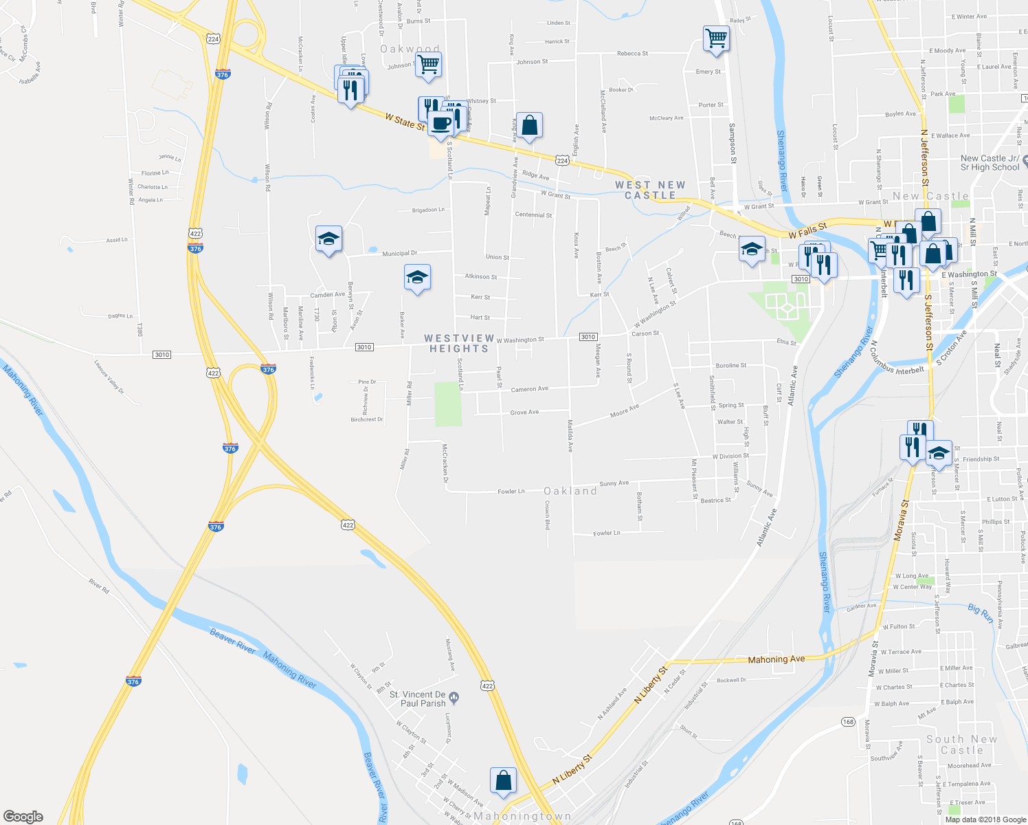 map of restaurants, bars, coffee shops, grocery stores, and more near 1706 Grove Avenue in New Castle