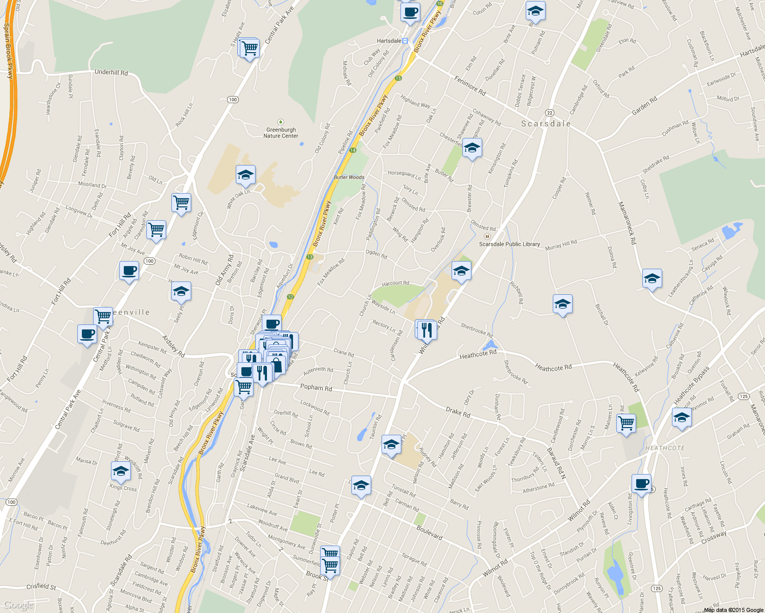 map of restaurants, bars, coffee shops, grocery stores, and more near 33 Wayside Lane in Scarsdale