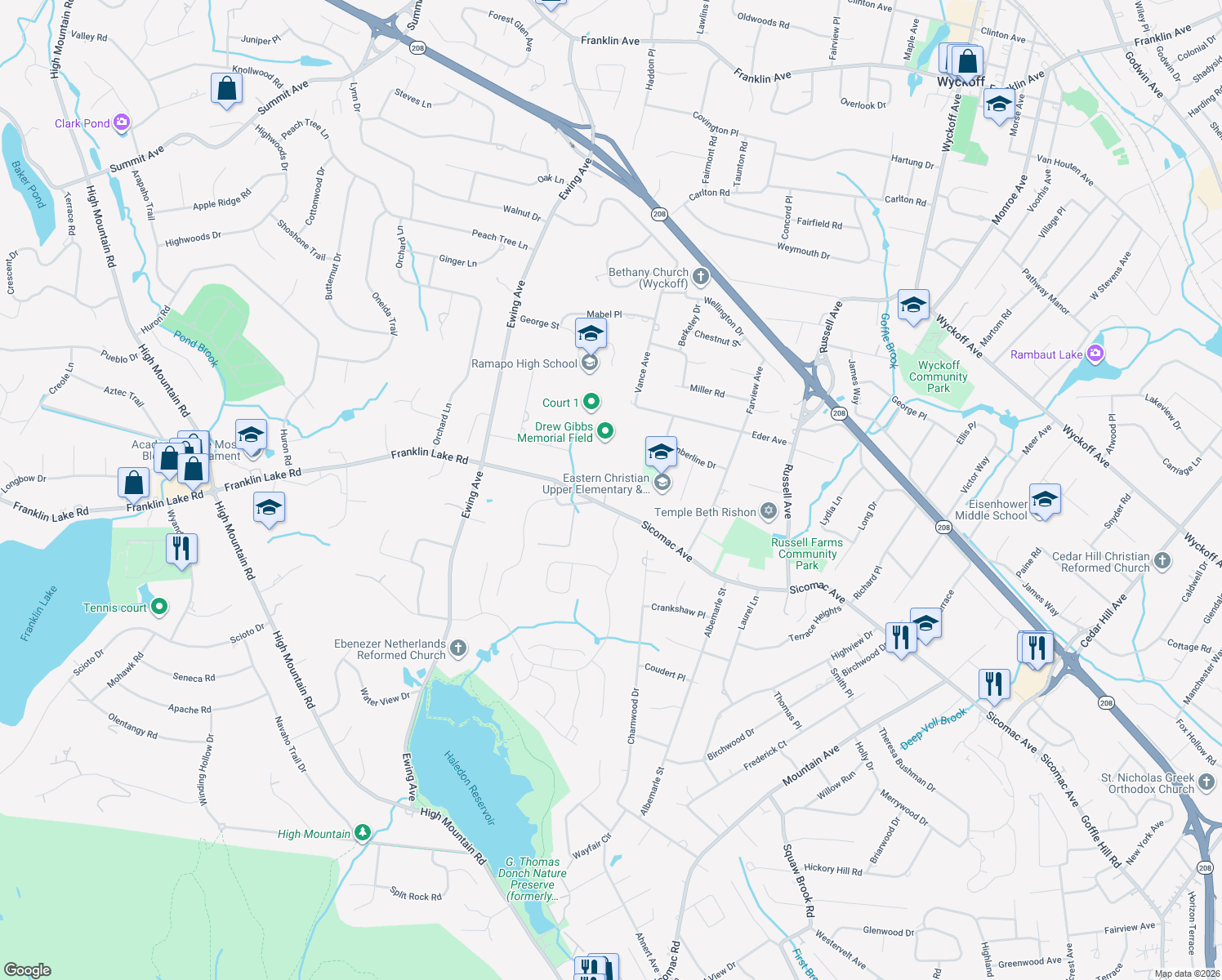 map of restaurants, bars, coffee shops, grocery stores, and more near 565 Franklin Lake Rd in Franklin Lakes
