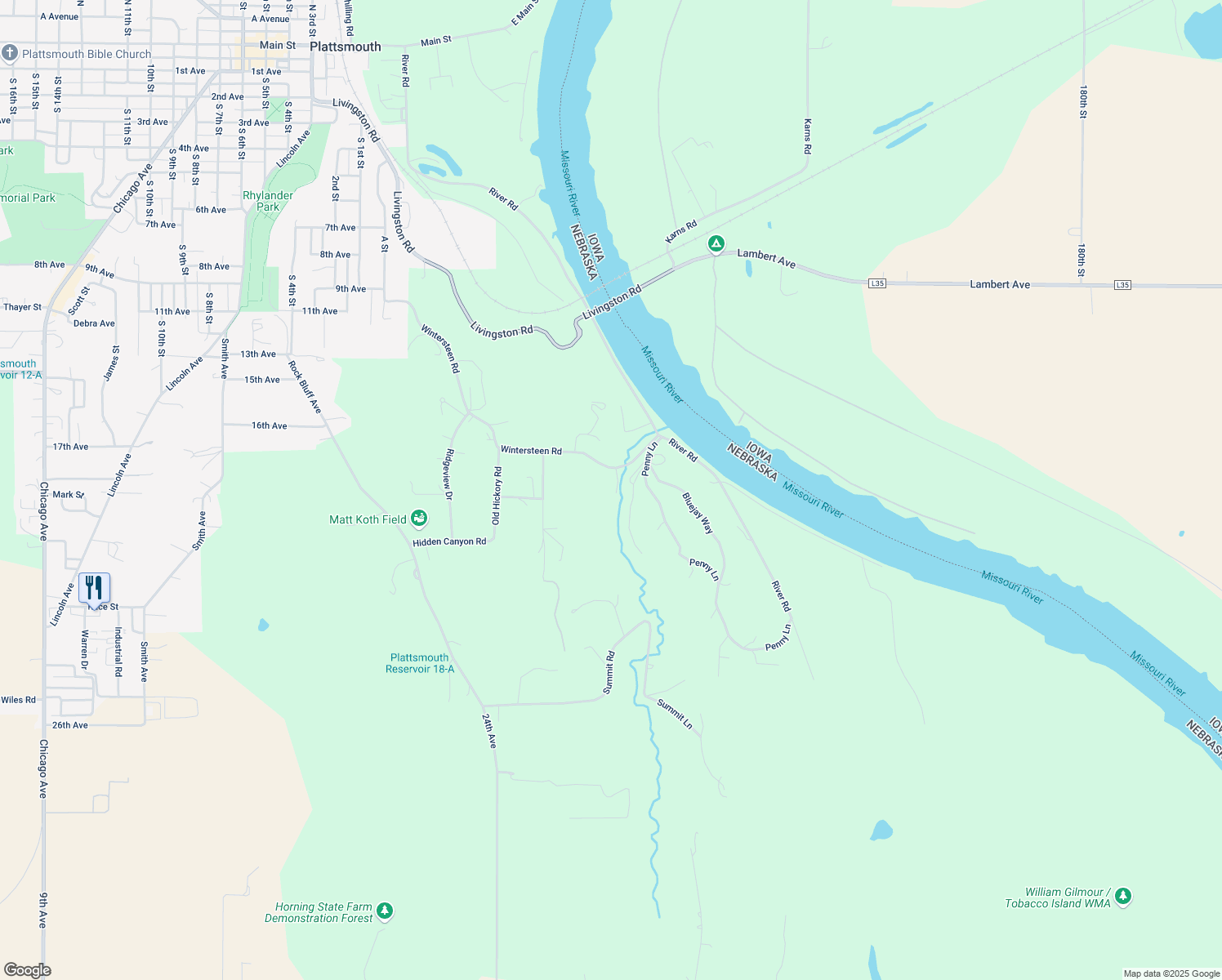 map of restaurants, bars, coffee shops, grocery stores, and more near 2817 Wintersteen Road in Plattsmouth