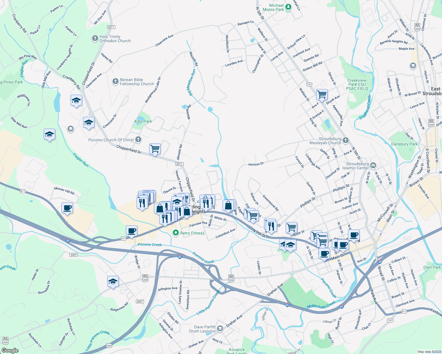 map of restaurants, bars, coffee shops, grocery stores, and more near 1200 Javelyn Lane in Stroudsburg