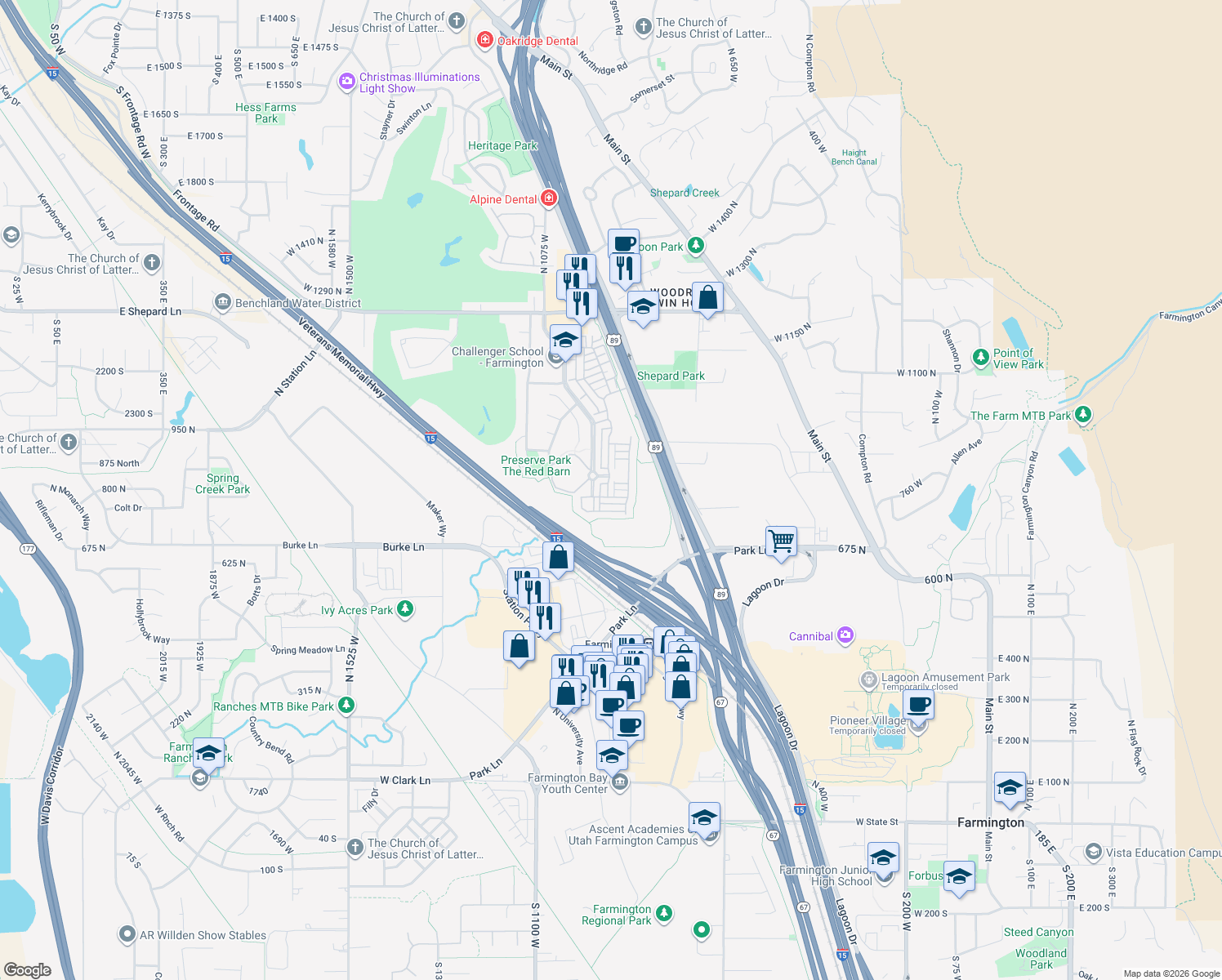map of restaurants, bars, coffee shops, grocery stores, and more near 810 Farmington Crossing in Farmington