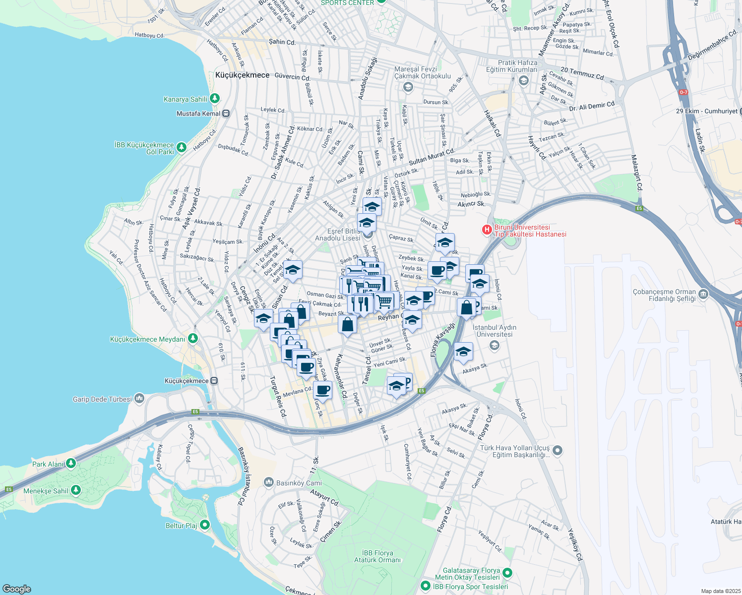 map of restaurants, bars, coffee shops, grocery stores, and more near 11 Fevzi Çakmak Caddesi in Küçükçekmece