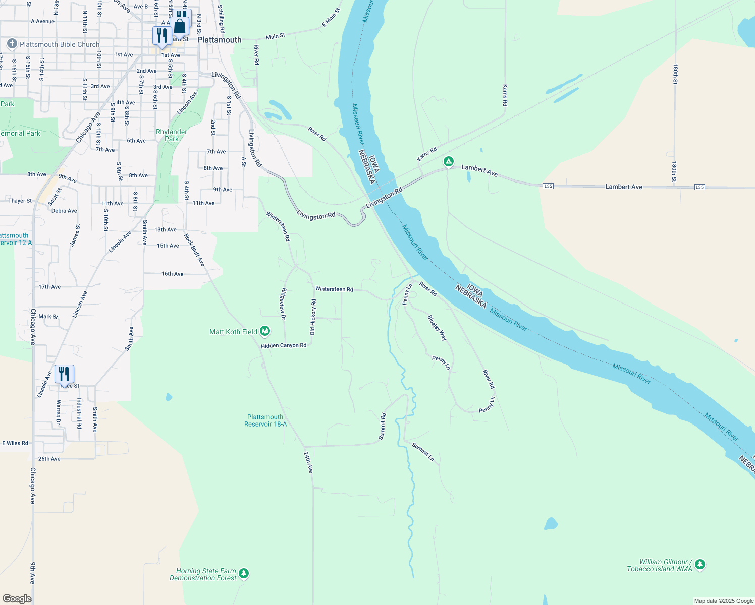 map of restaurants, bars, coffee shops, grocery stores, and more near 2817 Wintersteen Road in Plattsmouth