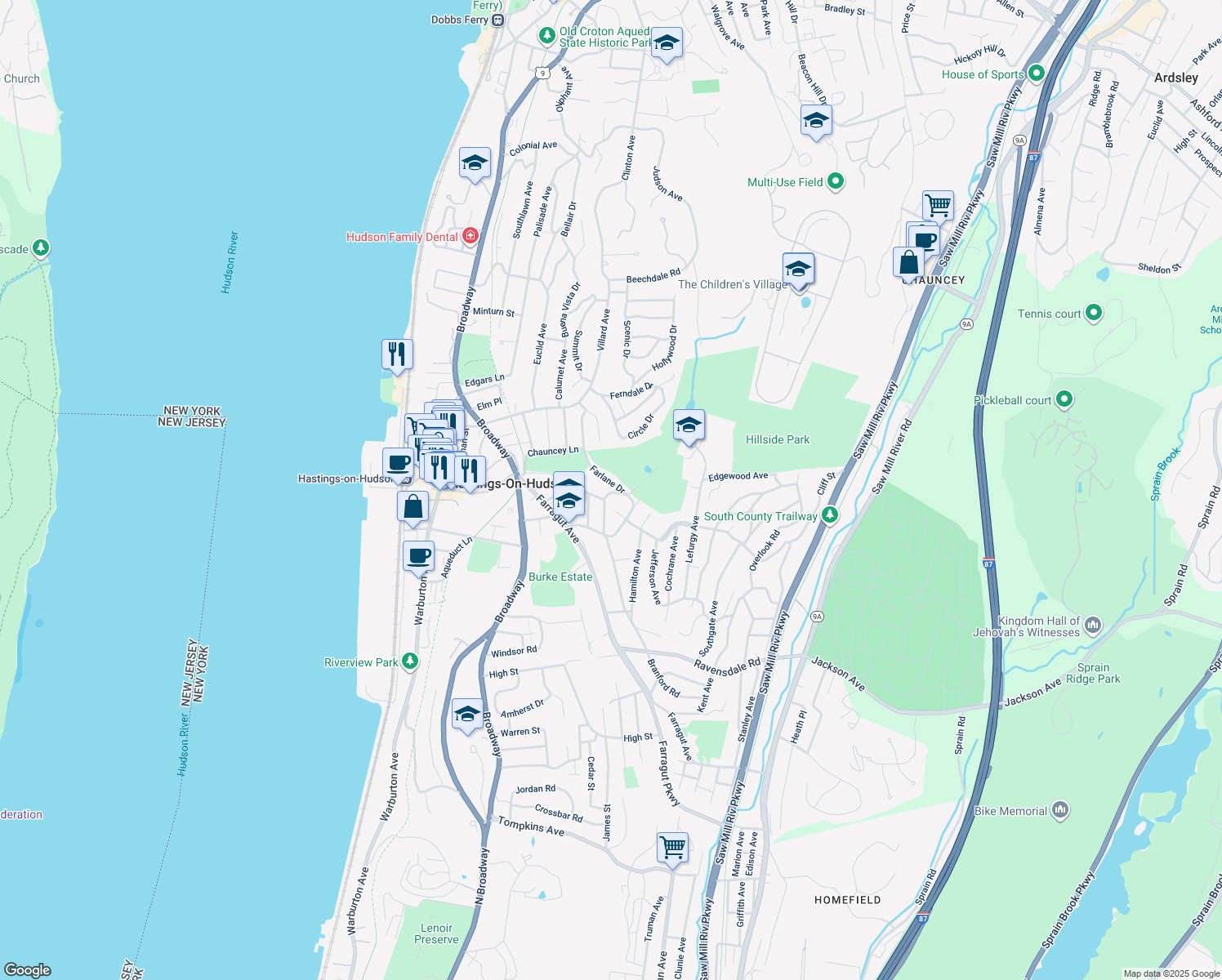 map of restaurants, bars, coffee shops, grocery stores, and more near 81 Hillside Avenue in Hastings-on-Hudson