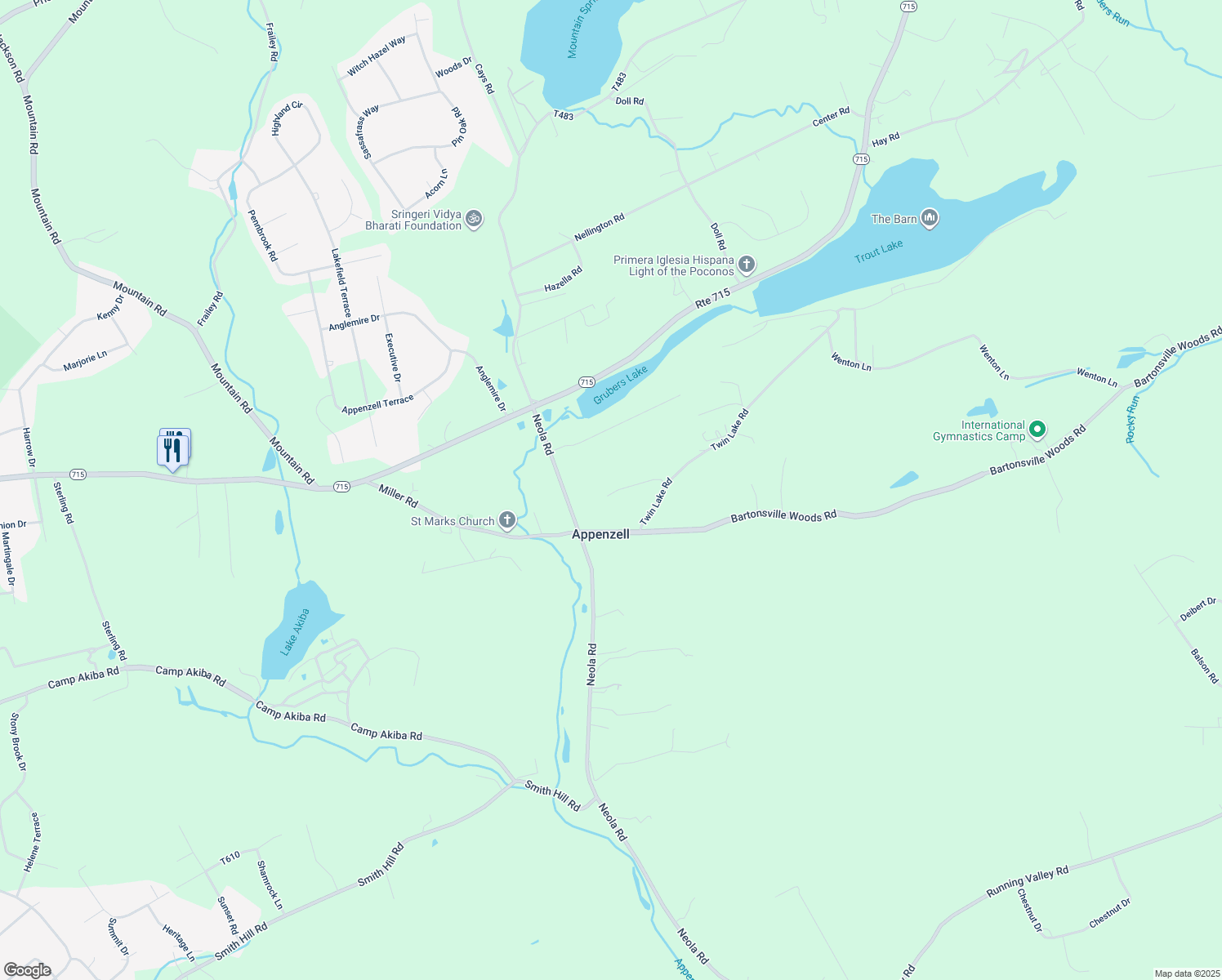 map of restaurants, bars, coffee shops, grocery stores, and more near 130 Kresge Lane in Stroudsburg