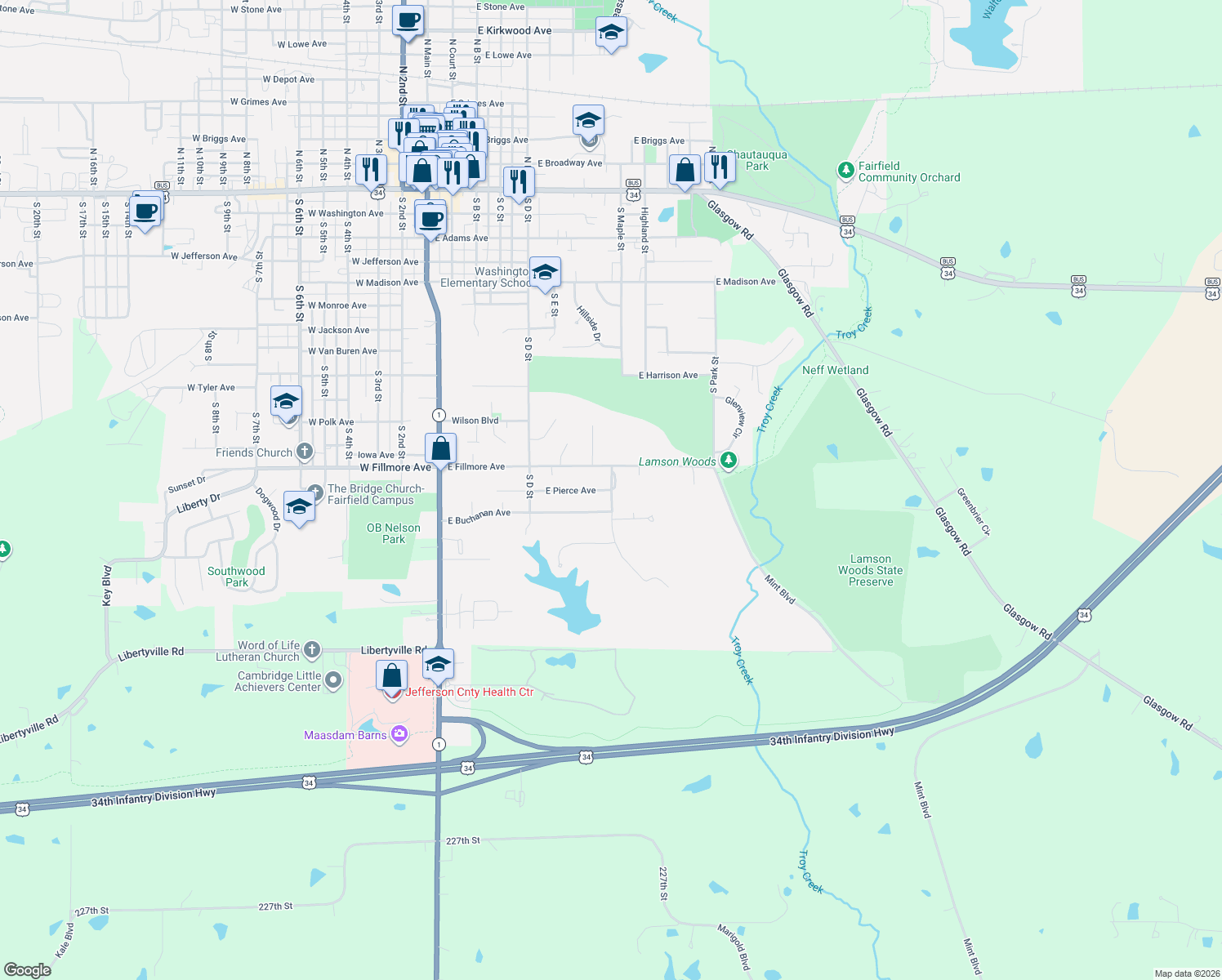 map of restaurants, bars, coffee shops, grocery stores, and more near 799 E Pierce Ave in Fairfield