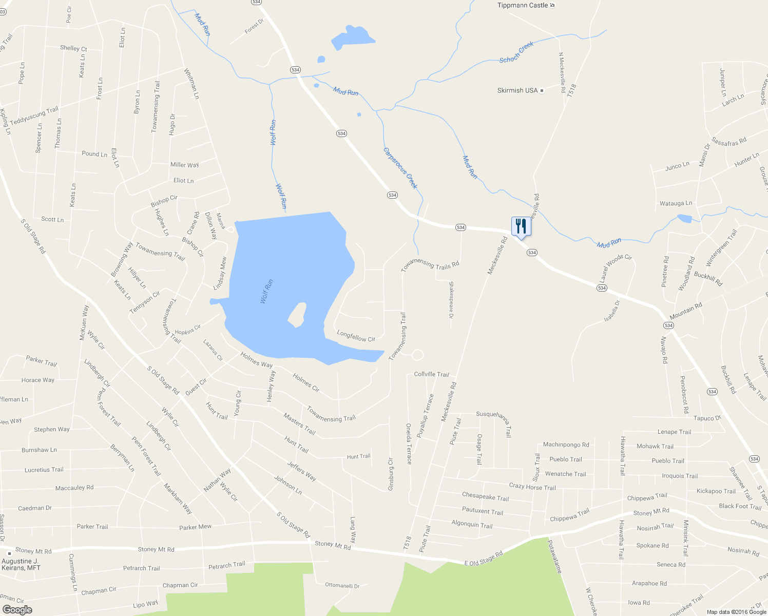 map of restaurants, bars, coffee shops, grocery stores, and more near 207 Longfellow Circle in Albrightsville