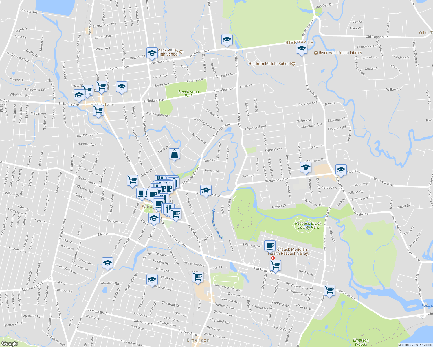 map of restaurants, bars, coffee shops, grocery stores, and more near 61 Bryant Place in Westwood