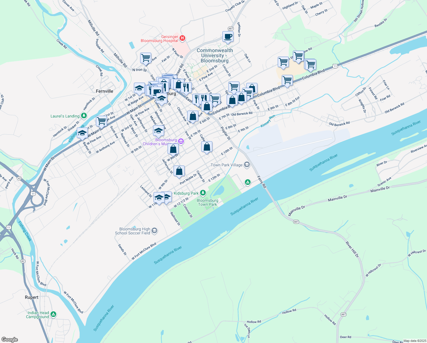 map of restaurants, bars, coffee shops, grocery stores, and more near 170 E 11th St in Bloomsburg