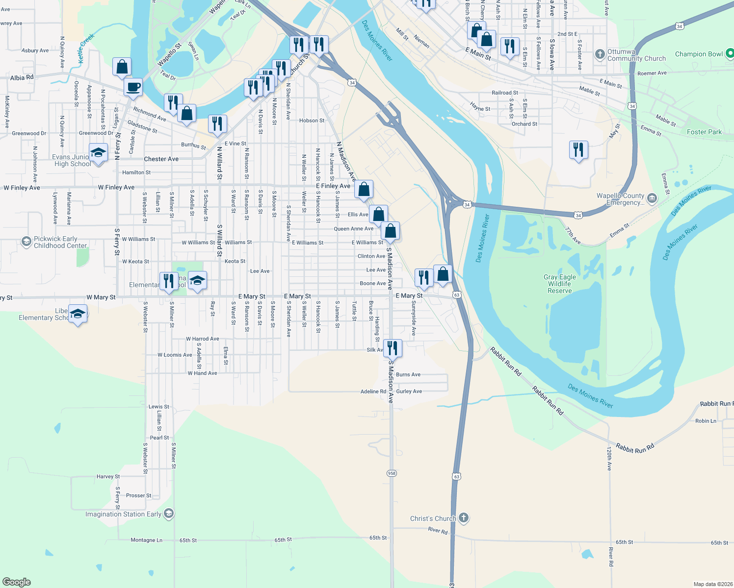 map of restaurants, bars, coffee shops, grocery stores, and more near 925 East Mary Street in Ottumwa