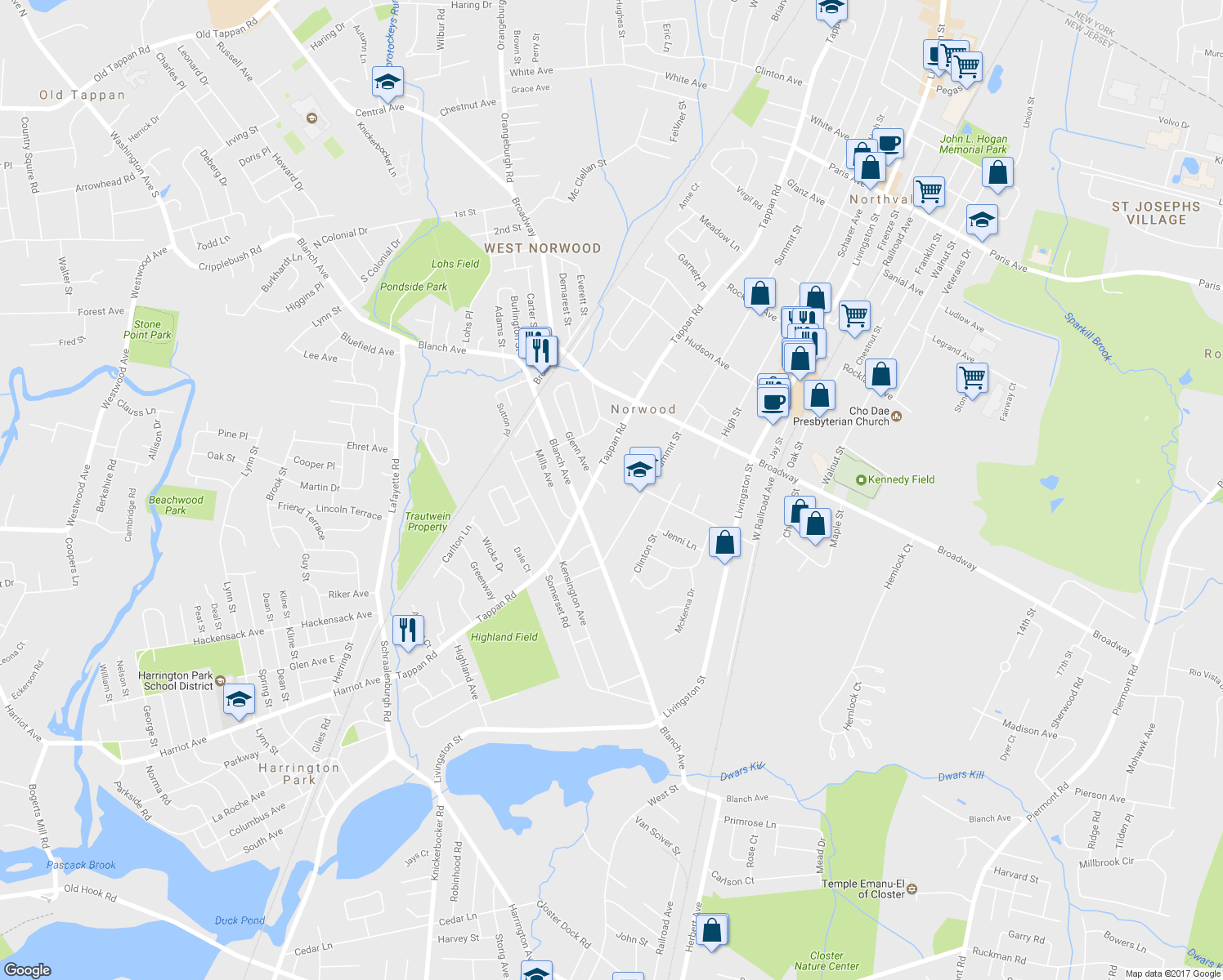 map of restaurants, bars, coffee shops, grocery stores, and more near 3 Villa Court in Norwood