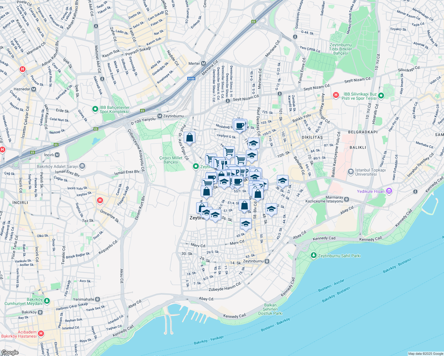 map of restaurants, bars, coffee shops, grocery stores, and more near 17 74 Ara Sokak in Zeytinburnu