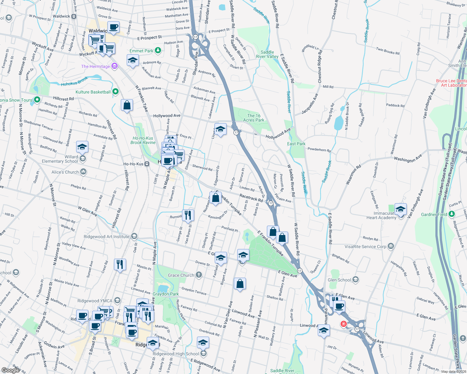 map of restaurants, bars, coffee shops, grocery stores, and more near 4 Linden Road in Ho-Ho-Kus