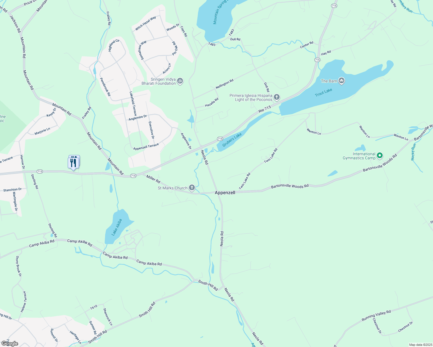 map of restaurants, bars, coffee shops, grocery stores, and more near 6182 Neola Road in Stroudsburg