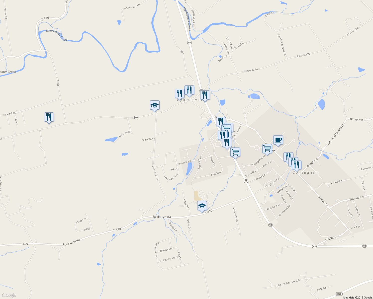 map of restaurants, bars, coffee shops, grocery stores, and more near 5 Timber Cir in Conyngham