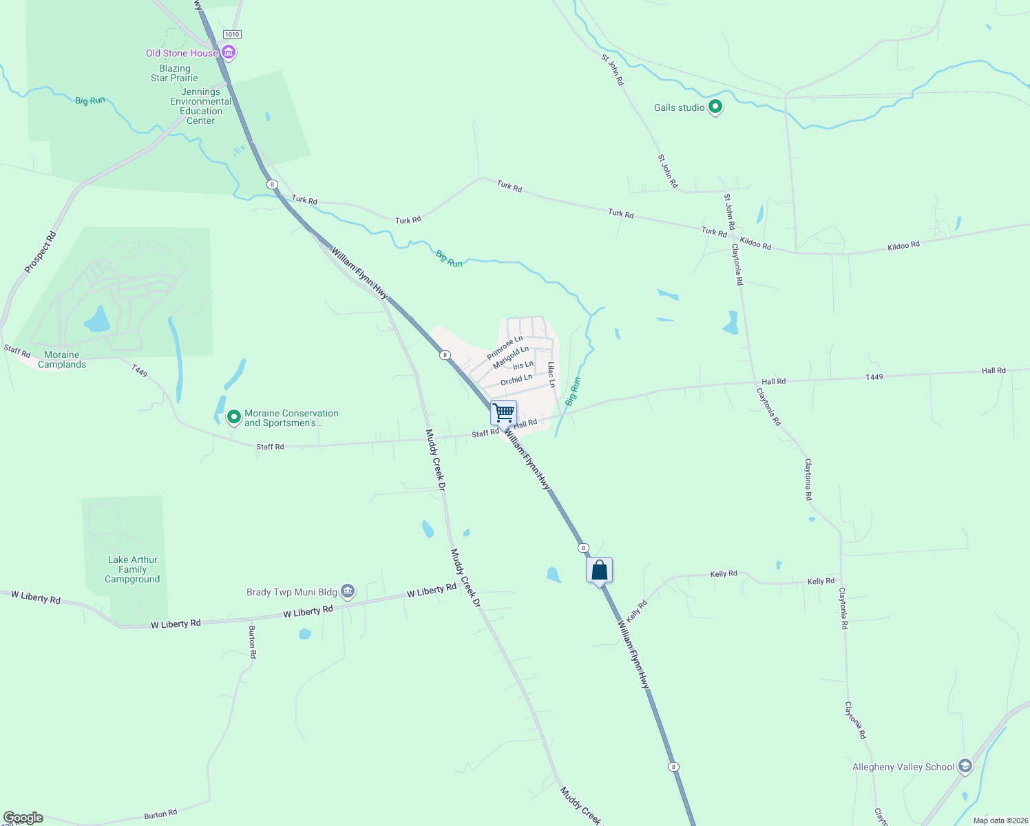 map of restaurants, bars, coffee shops, grocery stores, and more near 105 Hall Road in Slippery Rock