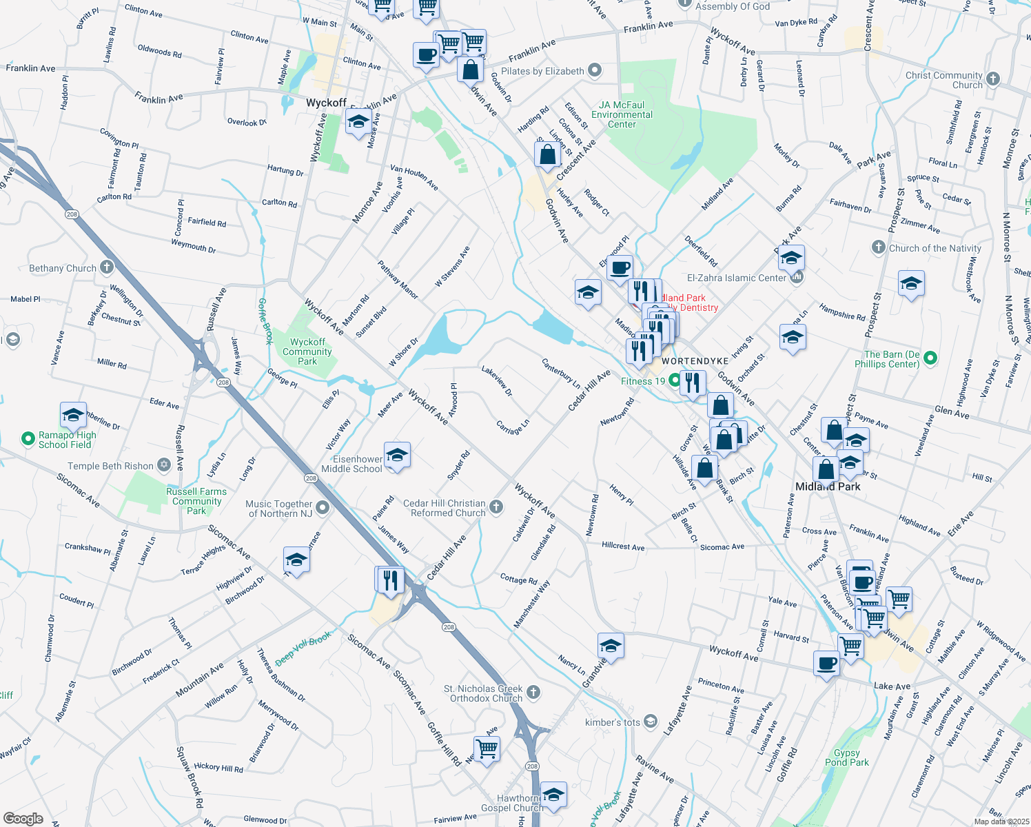 map of restaurants, bars, coffee shops, grocery stores, and more near 331 Lakeview Drive in Wyckoff