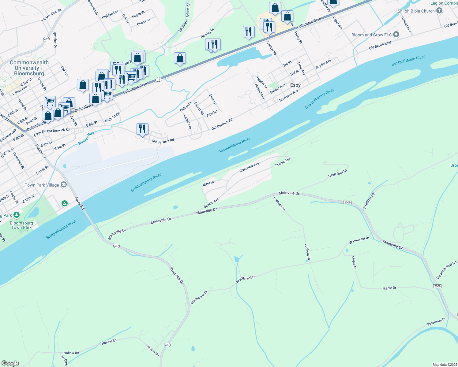 map of restaurants, bars, coffee shops, grocery stores, and more near 400-598 T417 in Bloomsburg