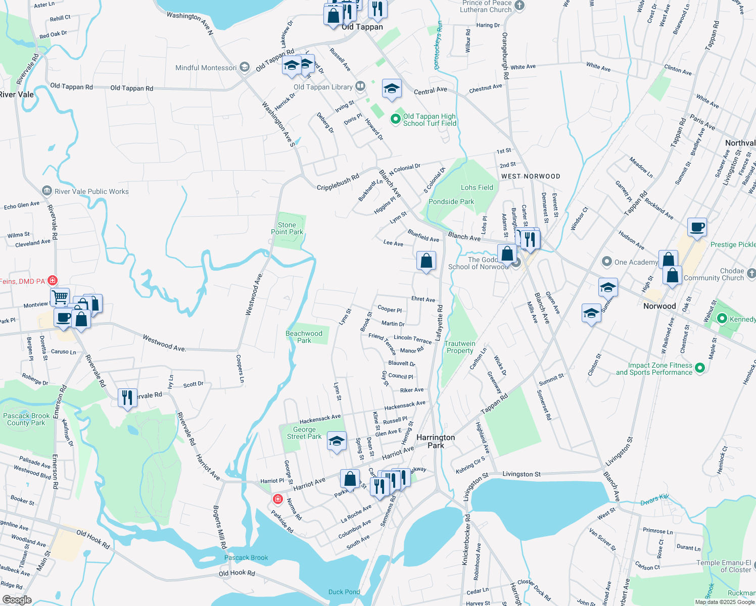 map of restaurants, bars, coffee shops, grocery stores, and more near 55 Cooper Place in Harrington Park
