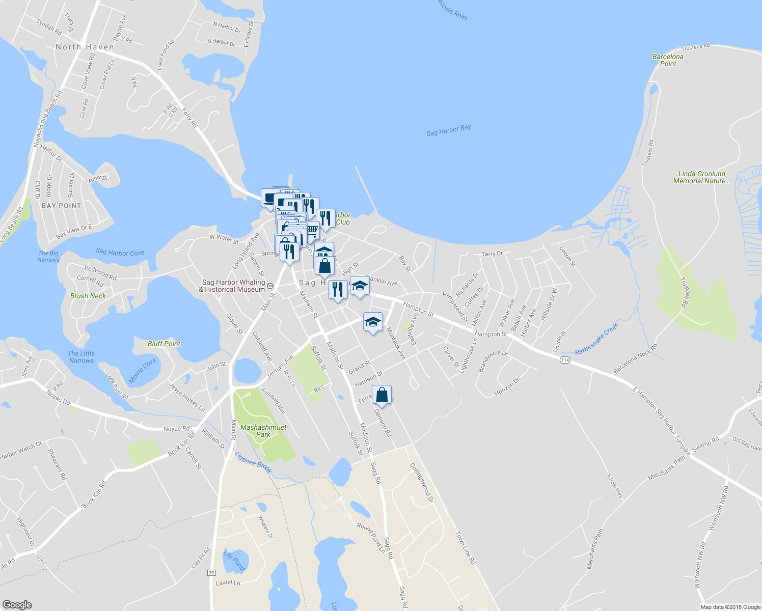 map of restaurants, bars, coffee shops, grocery stores, and more near 9 Ackerly Street in Sag Harbor