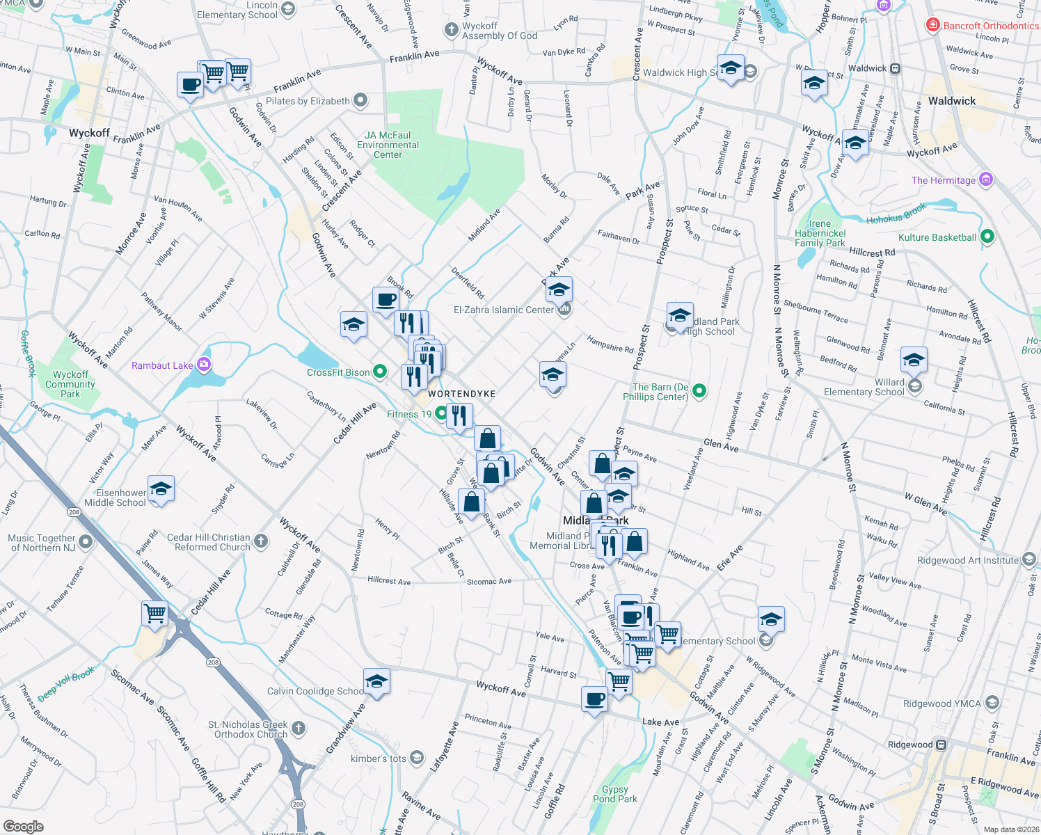 map of restaurants, bars, coffee shops, grocery stores, and more near 7 Baldin Dr in Midland Park