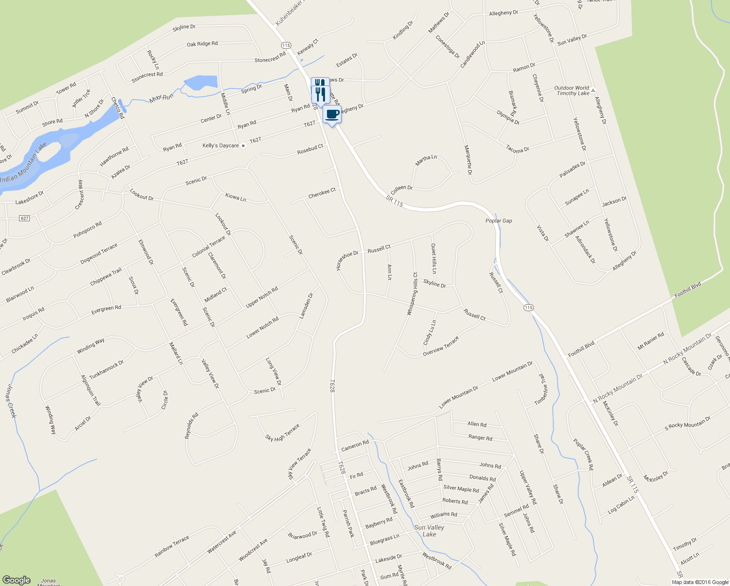 map of restaurants, bars, coffee shops, grocery stores, and more near 158 Horseshoe Drive in Effort