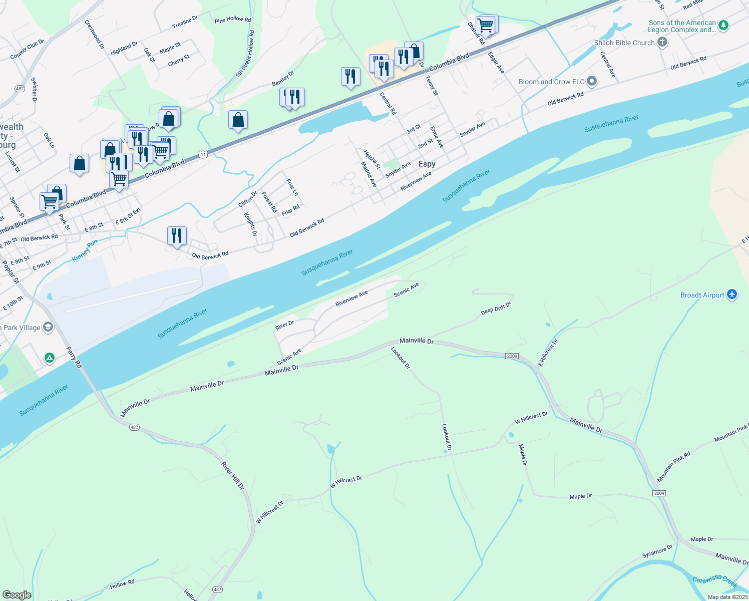 map of restaurants, bars, coffee shops, grocery stores, and more near 445 Scenic Avenue in Bloomsburg