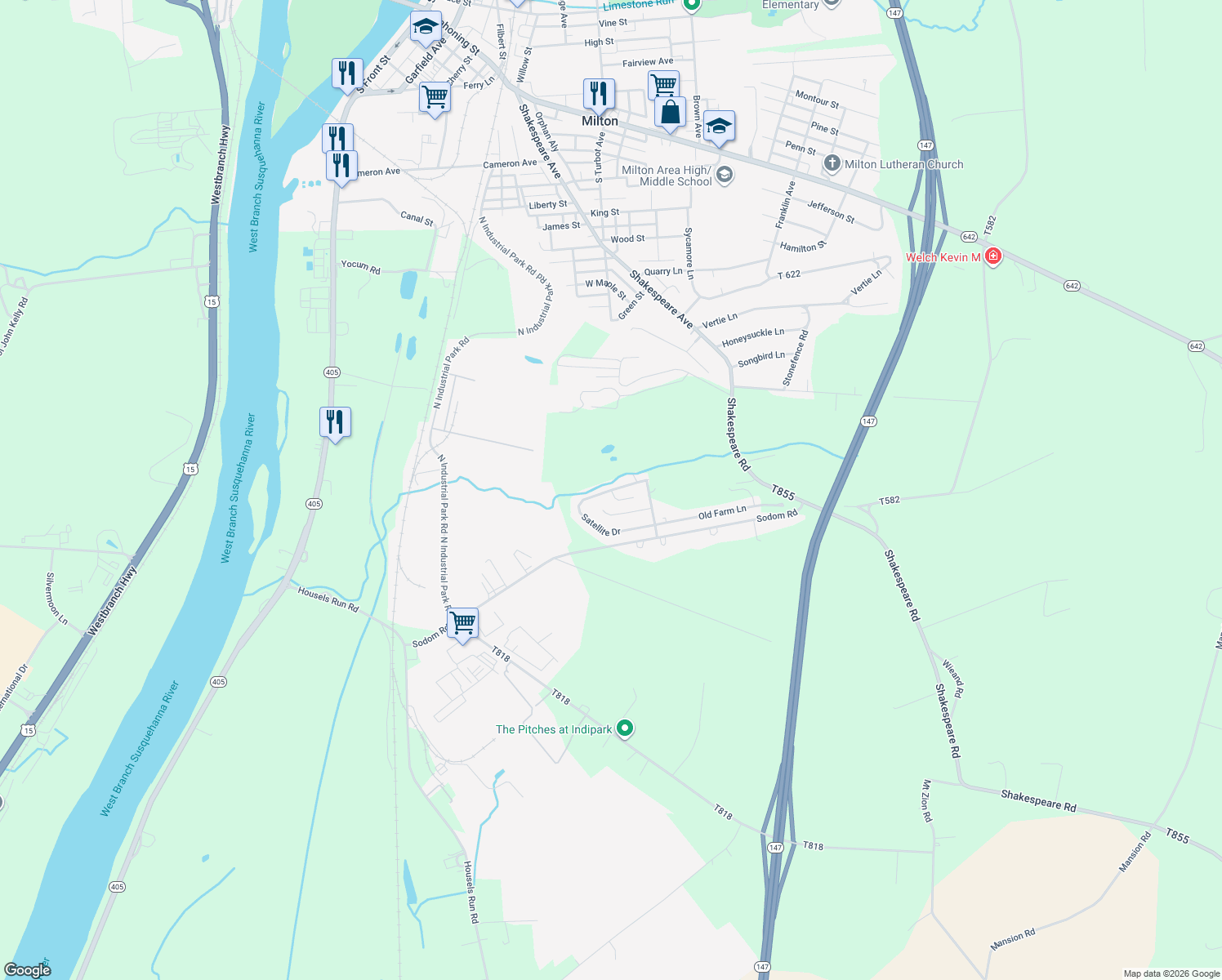 map of restaurants, bars, coffee shops, grocery stores, and more near Satellite Drive in Milton