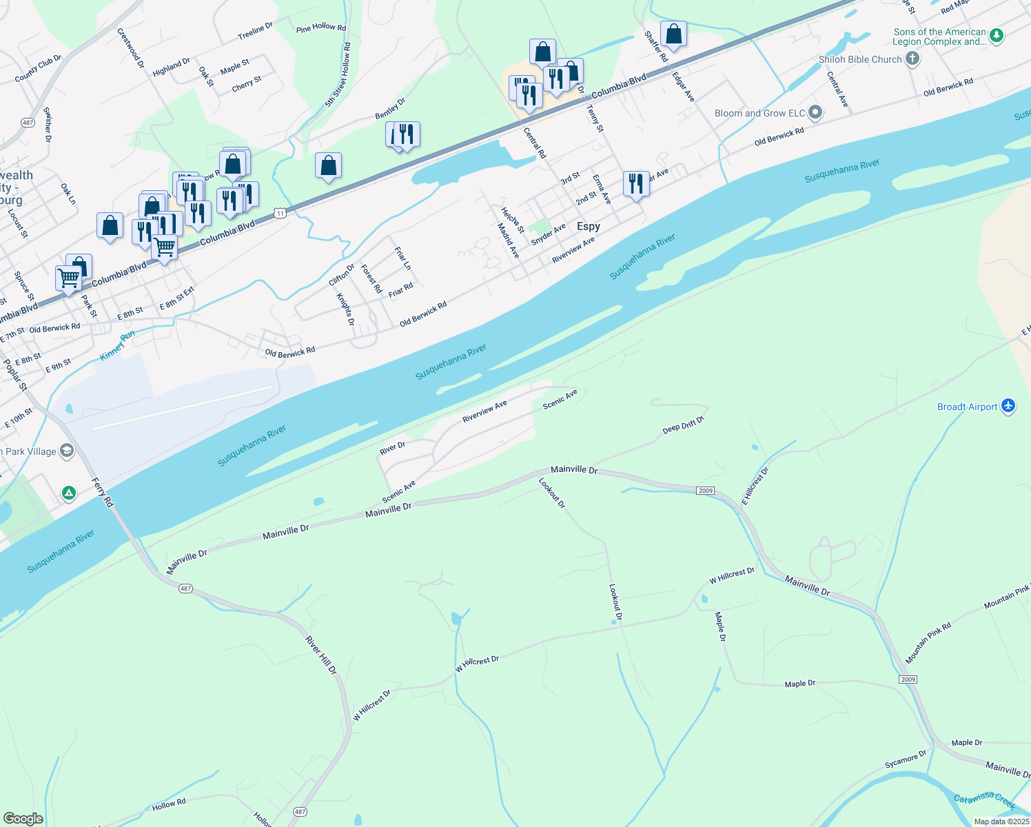 map of restaurants, bars, coffee shops, grocery stores, and more near 445 Scenic Avenue in Bloomsburg