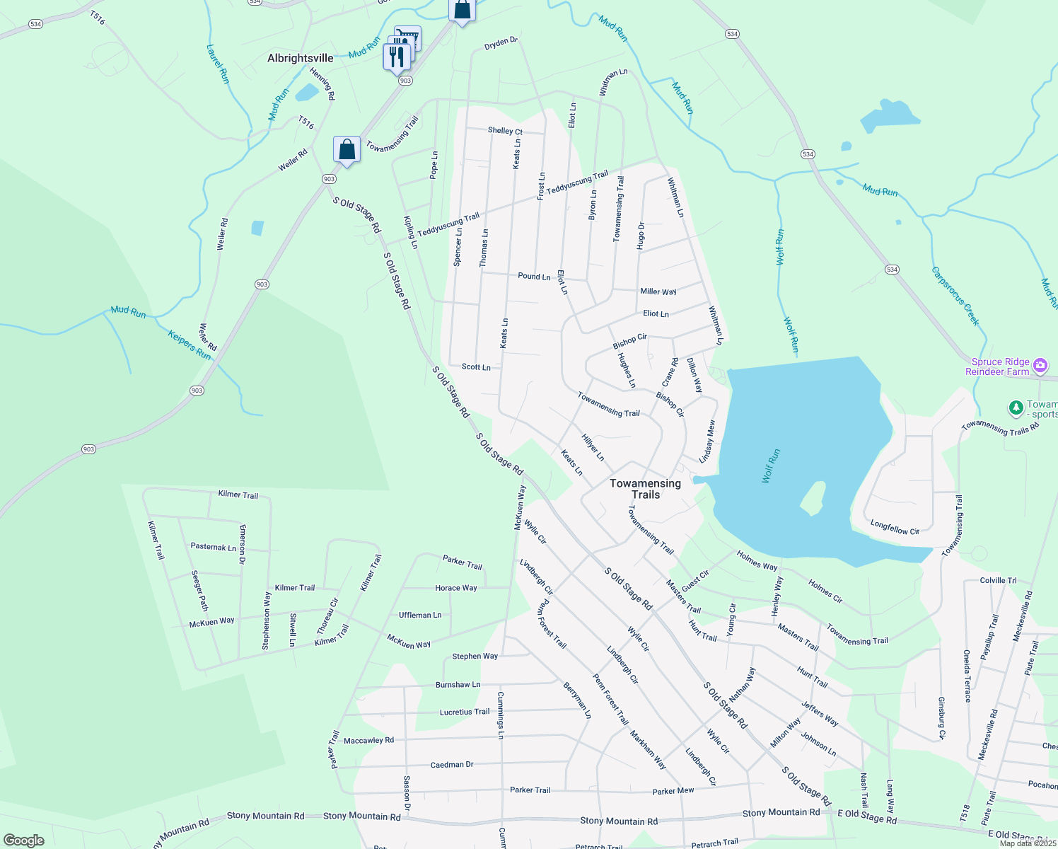 map of restaurants, bars, coffee shops, grocery stores, and more near 60 Keats Lane in Albrightsville