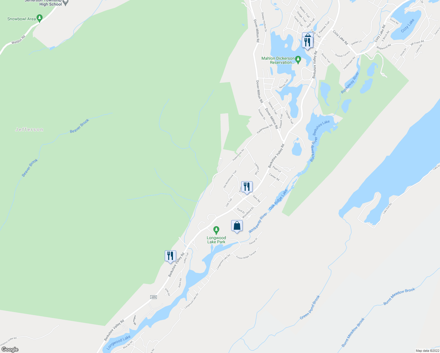 map of restaurants, bars, coffee shops, grocery stores, and more near 57 Paderewski Road in Jefferson