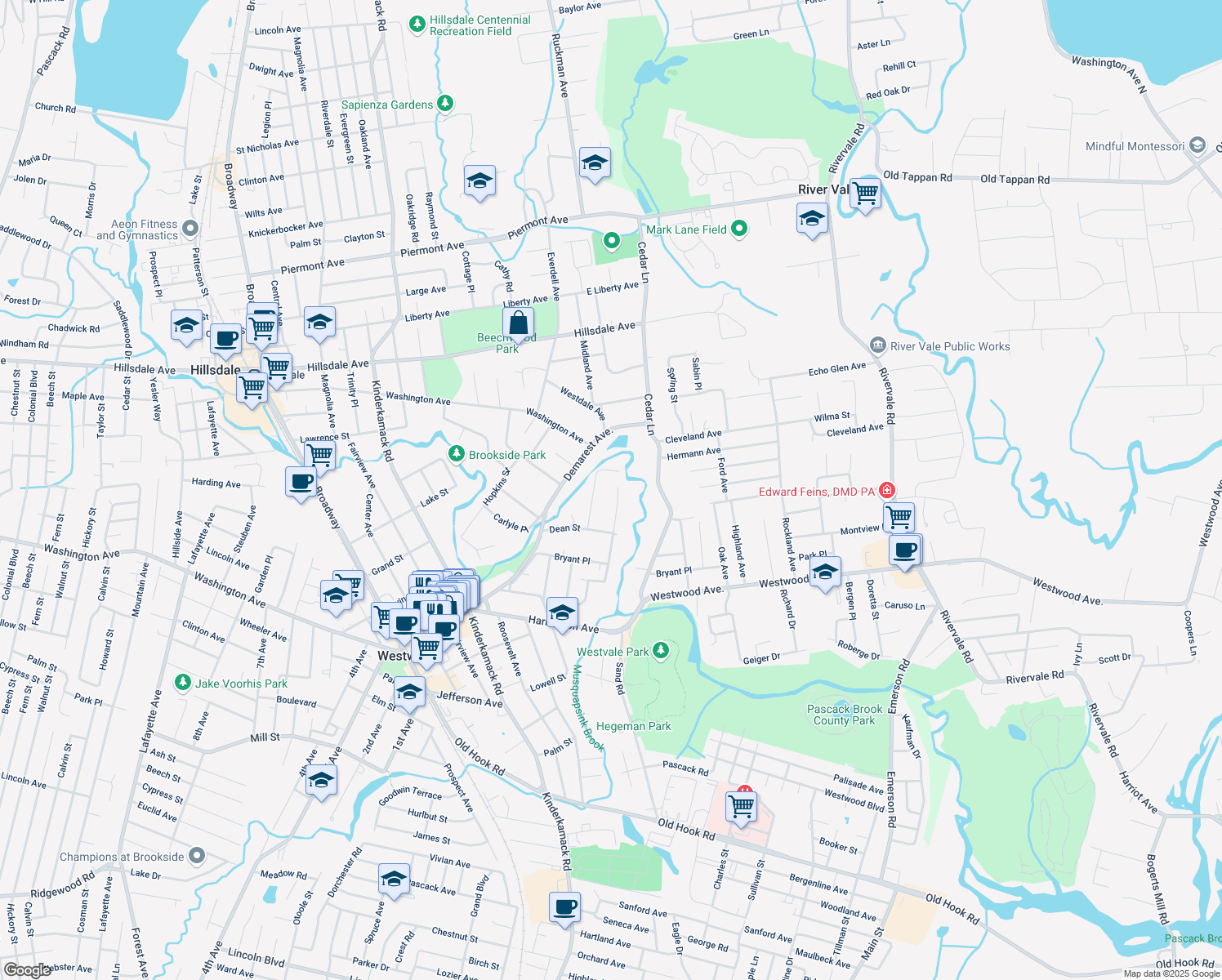map of restaurants, bars, coffee shops, grocery stores, and more near 78 Lyons Pl in Westwood