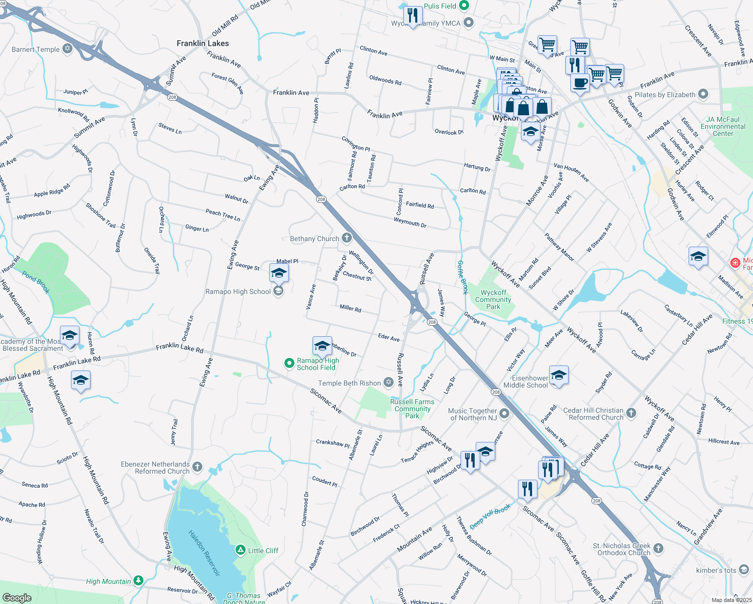 map of restaurants, bars, coffee shops, grocery stores, and more near 533 Farview Court in Wyckoff