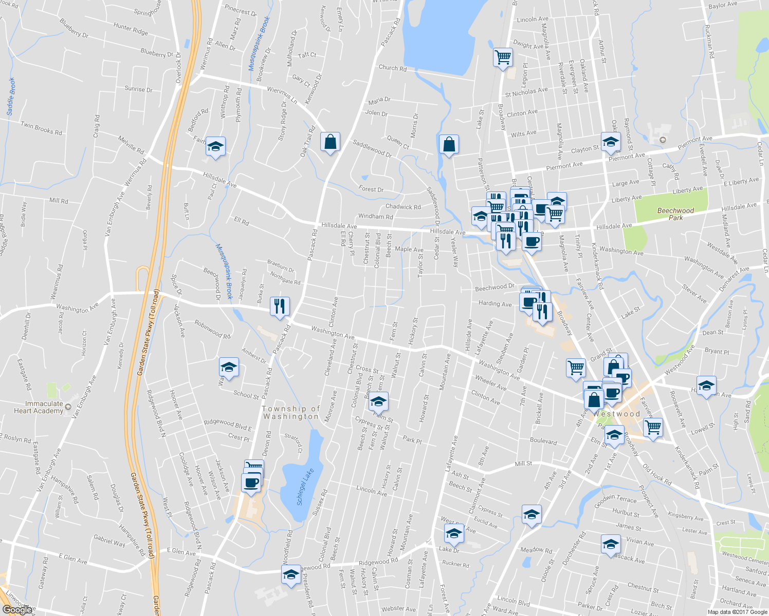 map of restaurants, bars, coffee shops, grocery stores, and more near 700 Beech Street in Township of Washington