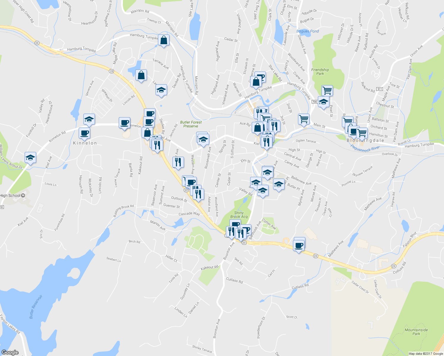 map of restaurants, bars, coffee shops, grocery stores, and more near 28 Center Street in Butler